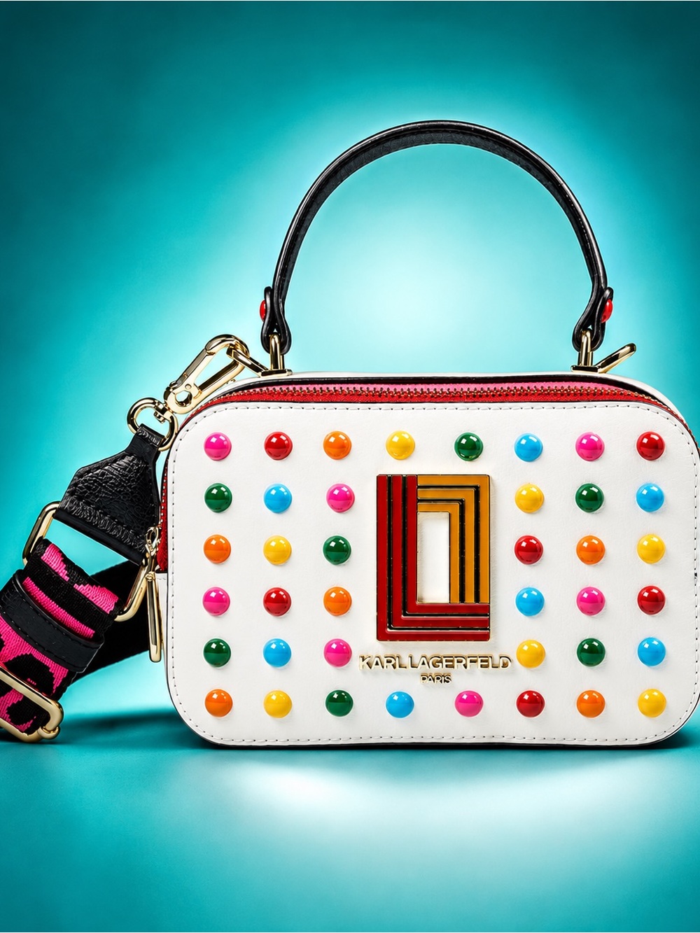 Karl Lagerfeld Paris Simone White Studded Crossbody Camera Bag Rainbow Strap